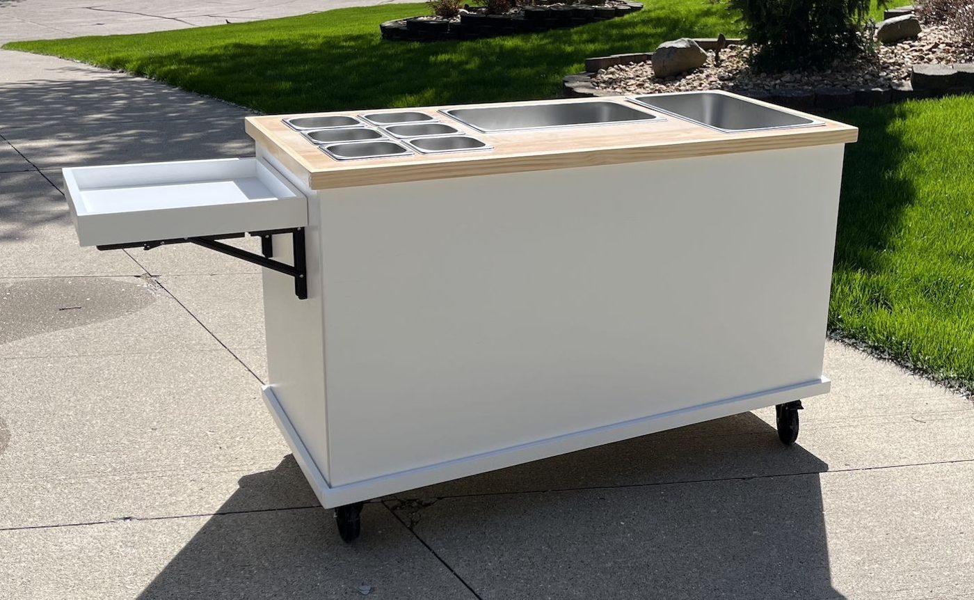 White candy and dessert cart with XL pan inserts and a collapsible shelf