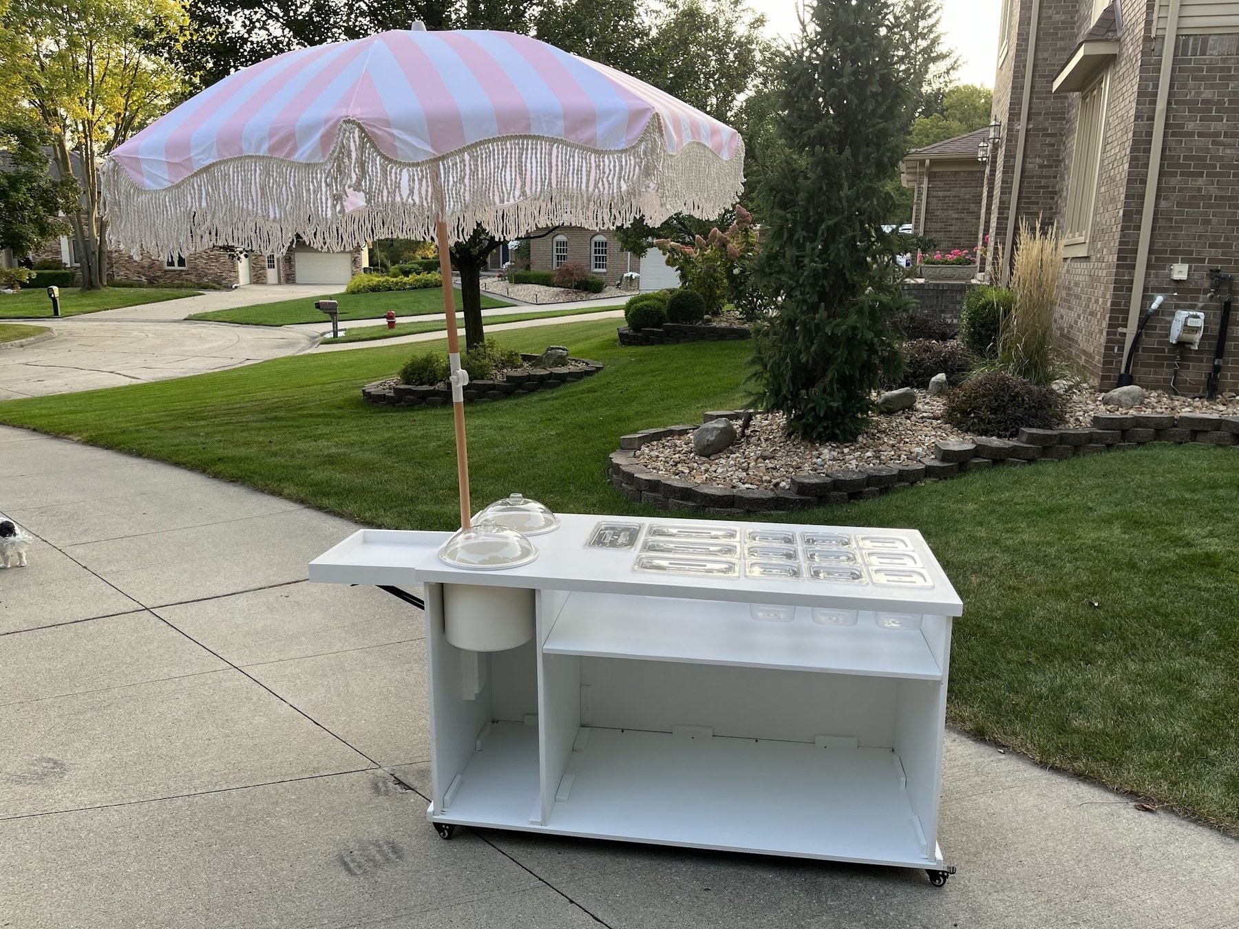 Ice cream and dessert cart with a pink-striped parasol, a full grid of acrylic wells on top and open storage below